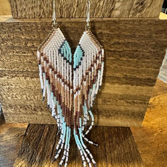 Boho Native American Navajo Seed Bead Dangle Wire Earrings, Turquoise Stone, Gi - Picture 3 of 11